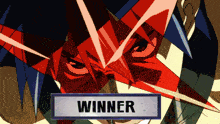 a picture of a man with a red mask and the word winner on the bottom