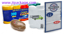 a package of power clean disinfecting wipes sits next to a bottle of furnace filter