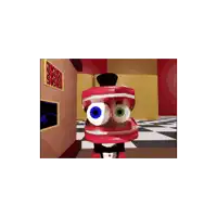 a red cartoon character with big eyes is standing in a room with a checkered floor .