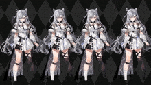a row of anime girls standing next to each other on a checkered background