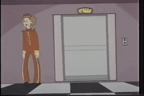 An elevator operator runs into a lift and the entire thing descends, doors and all, as Tawny approaches