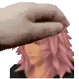 a pixel art of a woman with pink hair and a hat on her head .