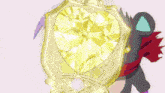 a girl in a yellow dress is holding a yellow balloon in front of a white monster .