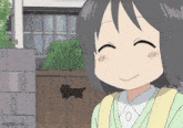 a cartoon girl is smiling in front of a fence with a black cat in the background .