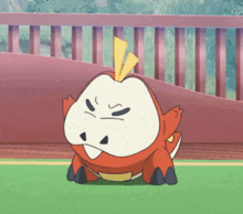 a cartoon character with an angry face is sitting on a green field