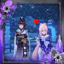 a couple of anime characters are standing next to each other with a heart in the background .