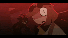 a cartoon character is standing next to another cartoon character in a dark room with a red background .