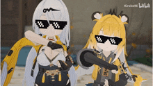 two anime girls wearing sunglasses are standing next to each other with a blurry background that says kiroko96