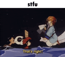 a cartoon character says that 's right in front of a skull