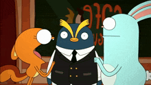 three cartoon characters are standing in front of a sign that says ' u.s.a. '