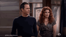 a man and a woman standing next to each other with the hashtag #willandgrace on the bottom