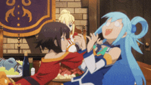 a group of anime characters are sitting around a table with food