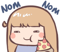 a cartoon drawing of a girl eating a slice of pizza with the words nom nom above her