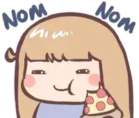 a cartoon drawing of a girl eating a slice of pizza with the words nom nom above her