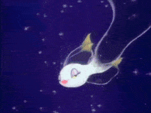 a cartoon illustration of a mermaid with yellow eyes and a red lip floating in the ocean .