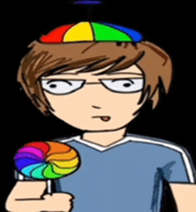 a boy wearing a rainbow hat is holding a rainbow lollipop .