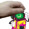a hand is holding a cartoon character that looks like a robot with a green face .