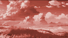 a painting of a cloudy sky over a field