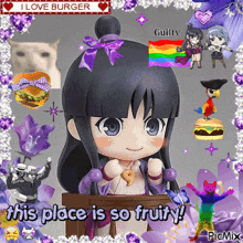 a picture of a girl with the words " this place is so fruity " at the bottom