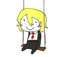 a cartoon character is sitting on a swing with a red tie