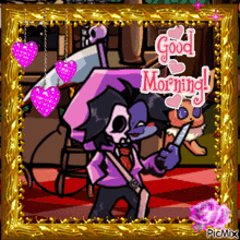 a picture of a cartoon character with a knife and the words " good morning "