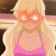 a blonde anime girl with red eyes and a pink tank top