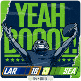 a football player is holding a football with the words yeah boom written above him