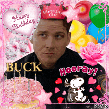 a picture of a man wearing a birthday girl hat and a birthday cake