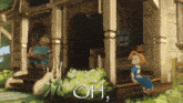 a man and a girl sit on the porch of a house with the words oh written in white
