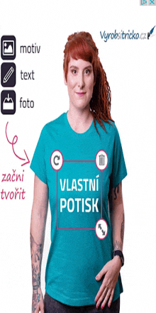 a woman is wearing a blue t-shirt that says vlastni potisk