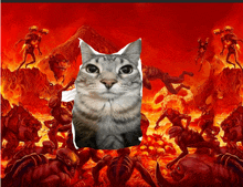 a picture of a cat in front of a painting of demons in hell