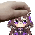 a hand is petting a cartoon character with purple eyes and brown hair .