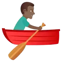 a man is paddling a red boat with a wooden paddle