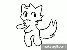 a black and white drawing of a cat with a long tail