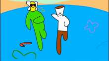 two cartoon characters are dancing in the water with a pink butterfly in the background