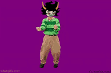 a person wearing a green and white striped shirt and khaki pants