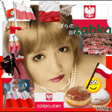 a girl is surrounded by flags and a smiley face with the word picmix on the bottom