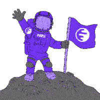 a purple astronaut holding a purple flag on top of a mountain