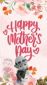 a happy mother 's day greeting card with a cartoon character and flowers