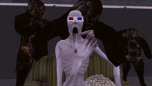 a man wearing 3d glasses is eating popcorn in front of a group of monsters