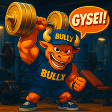 a bull is lifting a dumbbell with a speech bubble that says gysei