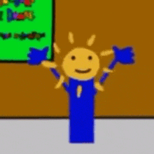 a yellow and blue cartoon character is holding two blue flags in front of a green board .