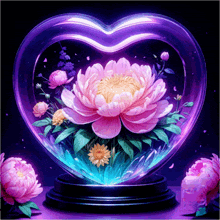a heart shaped glass globe with flowers inside