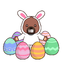 a cartoon of a bear dressed as a bunny surrounded by colorful easter eggs