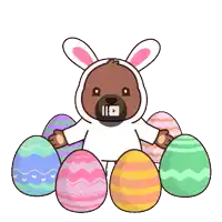 a cartoon of a bear dressed as a bunny surrounded by colorful easter eggs