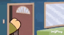 a cartoon character is standing in front of a door and a window .