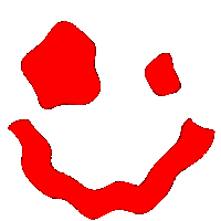 a red smiley face with two red circles on it 's eyes