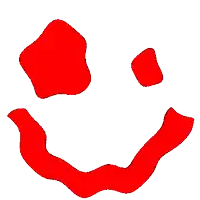 a red smiley face with two red circles on it 's eyes