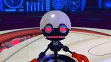 a cartoon robot with red eyes and a white top