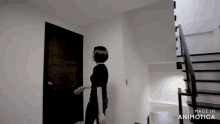 a woman is standing in a hallway next to a staircase made in animatica